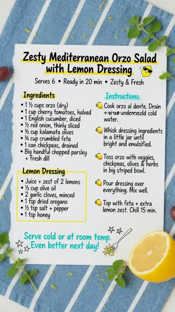 Zesty Mediterranean Orzo Salad with Lemon Dressing Recipe