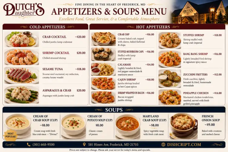 Dutchs Daughter Appetizers and Soups Menu
