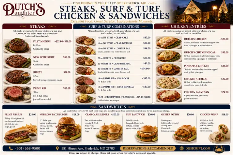 Dutchs Daughter Steaks, Surf and Turf, Chicken and Sandwiches Menu