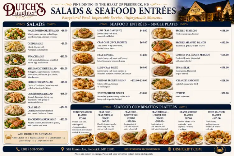 Dutchs Daughter Salads and Seafood Entrees Menu