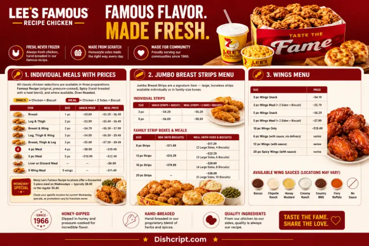 Lee's Famous Recipe Chicken, Wings, Jumbo Breast Strips menu