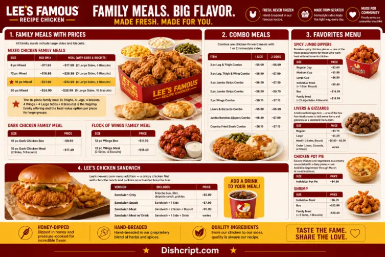 Lee's Famous Recipe Family Meals, Combo Meals, Favorites, and Famous Recipe Sides Menu