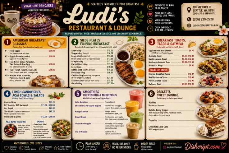 Ludi's Restaurant Seattle menu featuring Silog plates, Ube Pancakes, Lechon Kawali, Halo-Halo dessert, Filipino breakfast favorites, prices.