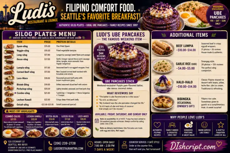 Ludi's Silog Plates, Ube Pancakes & Additional Items Menu