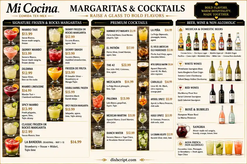 Mi Cocina Margaritas & Cocktails Menu With Prices