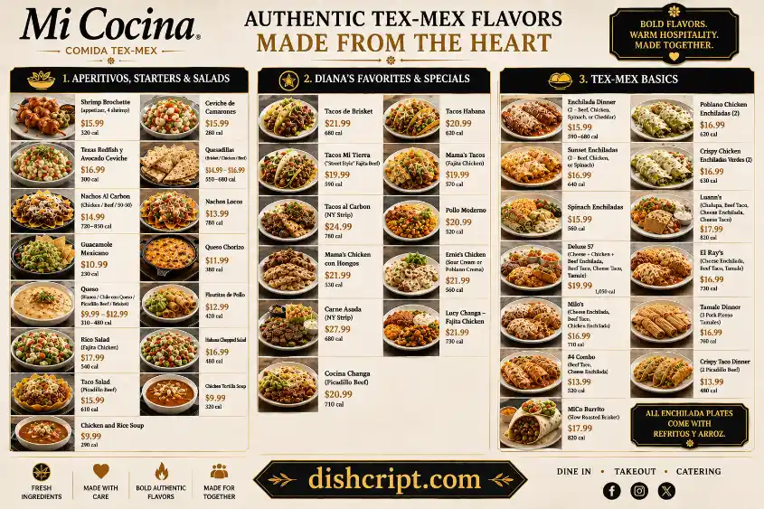 Mi Cocina Fajitas Menu Aperitivos, Tex mex, Starters & Salads With Prices