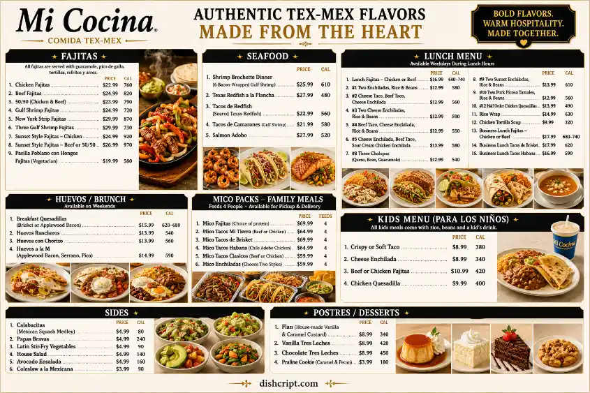 Mi Cocina Seafood, lunch, brunch,Postres/Desserts Menu With Prices