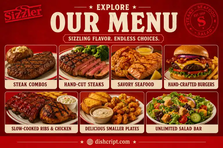 Sizzler Menu Full Detailed Steak Combos, Hand-Cut Steaks, Savory Seafood, Hand-Crafted Burgers, Slow-Cooked Ribs & Chicken, Smaller Plates, and the Unlimited Salad Bar.
