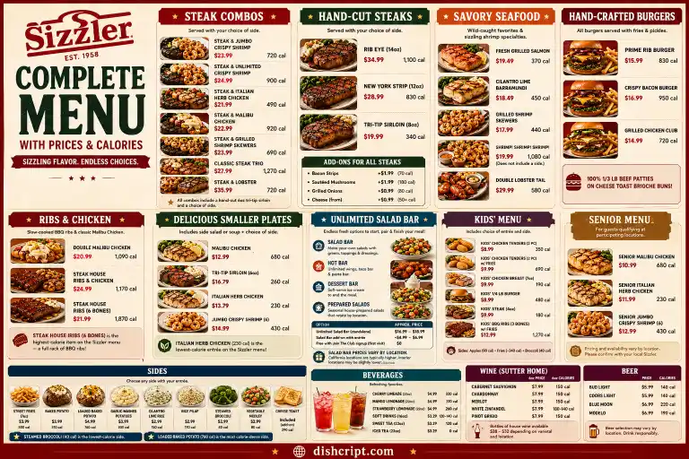 Sizzler Menu Steak Combos, Steaks,  Seafood, Burgers, Ribs & Chicken, Smaller Plates,