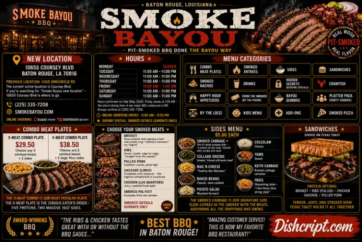 Smoke Bayou BBQ Ribs, Brisket & Combo Plates, Sausage, Chicken & Southern Sides Menu
