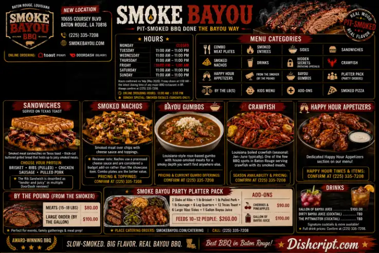 Smoke Bayou BBQ Sandwiches, Nachos & Gumbo,  Crawfish, Bayou Juice & Louisiana Specials Menu