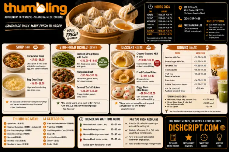 Thumbling Soup, Stir Fried Dishes, Desserts and Drinks Menu