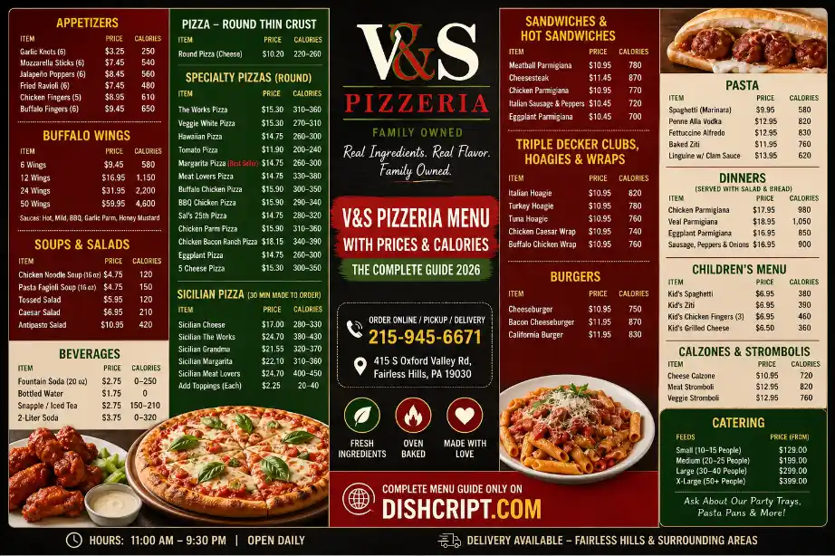 V&S Pizzeria Full Menu With Prices and calories 2026