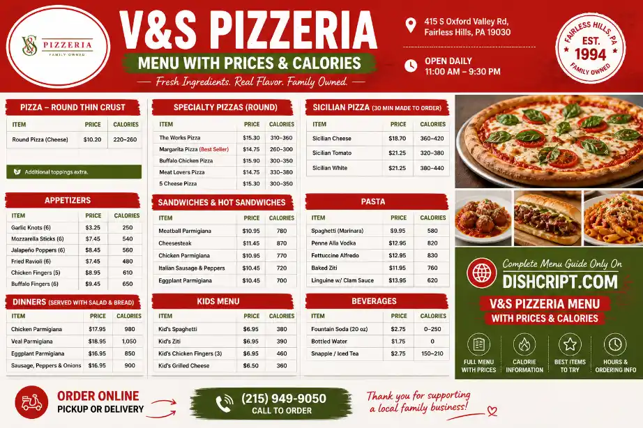 V&S Pizzeria Menu 2026 With Prices & Calories