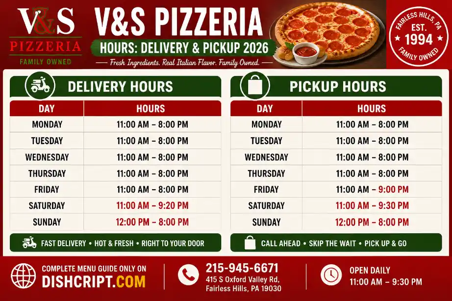 V&S Pizzeria Hours Delivery & Pickup 2026