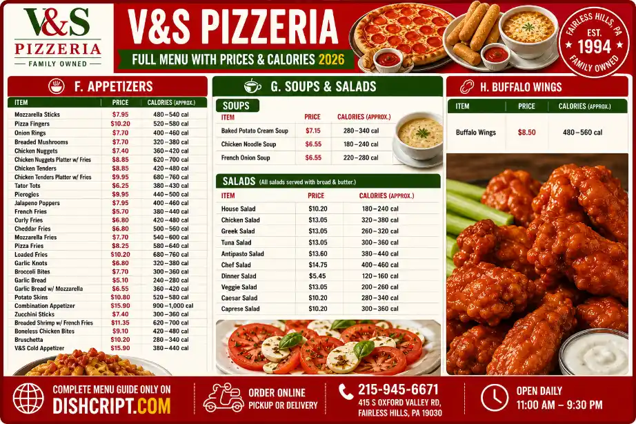 V&S Pizzeria appetizers, soups, salads and wings menu prices and calories