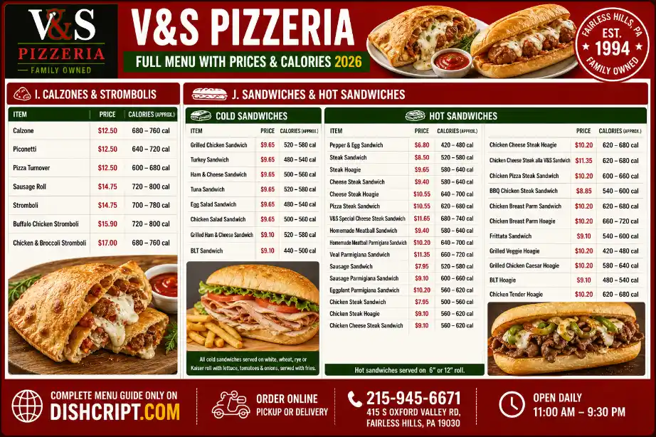 V&S Pizzeria calzones, strombolis, sandwiches and hot sandwiches menu prices and calories