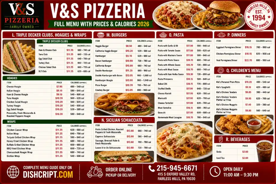 V&S Pizzeria hoagies, wraps, burgers, pasta, dinners, kids menu, and beverages prices and calories