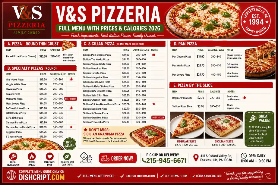 V&S Pizzeria pizza, specialty pizza, sicilian pizza, pan pizza and pizza by the slice menu prices and calories