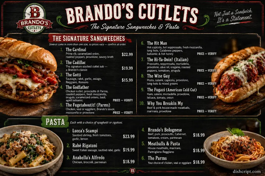 Brando's Cutlets Menu Singnature sacdwiches and Pasta