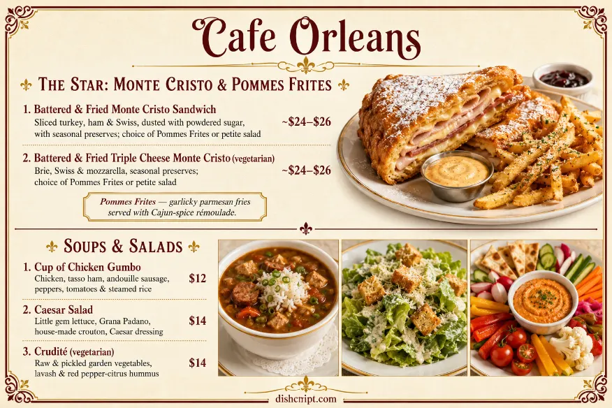 Cafe Orleans The Star Monte Cristo & Pommes Frites and soup and salad menu.