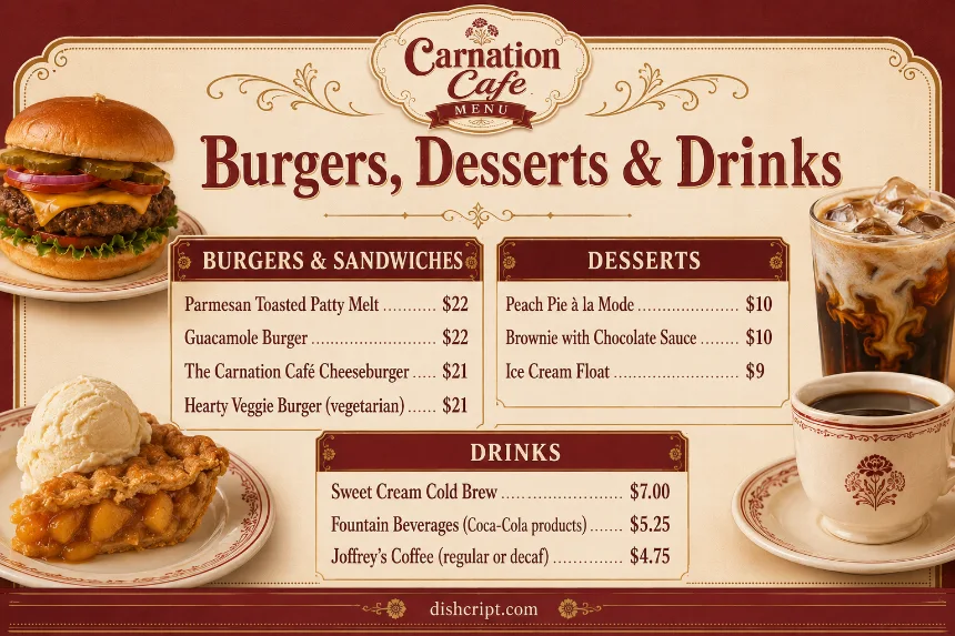Carnation Cafe Burgers Desserts and Drinks Menu