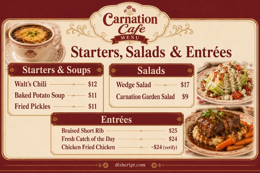 Carnation Cafe Starters Salads and Entrees Menu