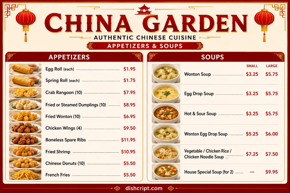 China Garden Appetizers and Soups menu