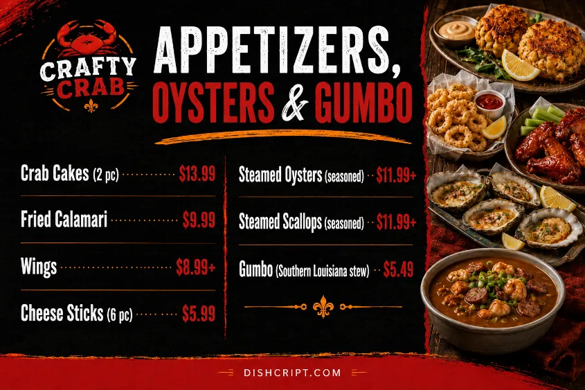 Crafty Crab Appetizers Oysters and Gumbo Menu