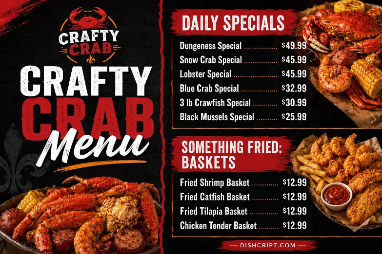 Crafty Crab Daily Specials and Fried Baskets Menu