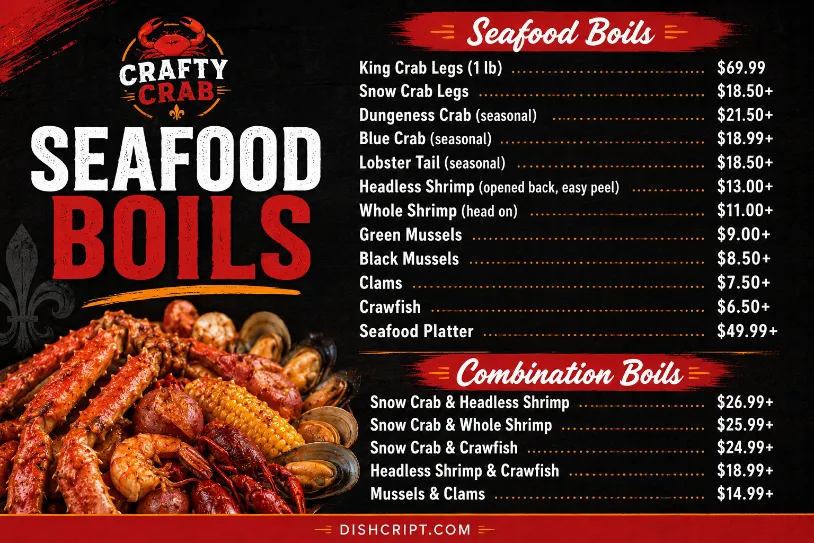 Crafty Crab Seafood Boils Menu