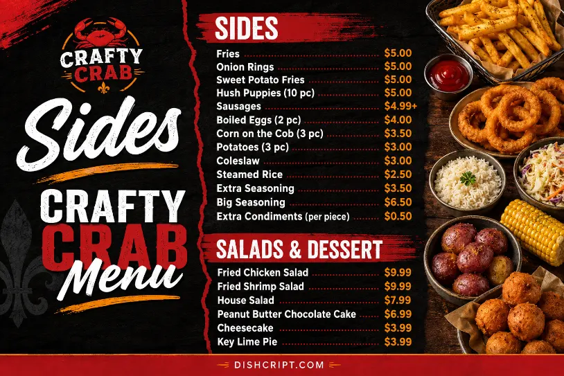 Crafty Crab Sides Salads and Dessert Menu