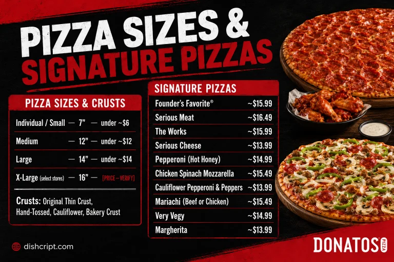 Donatos Pizza Sizes and Signature Pizzas Menu