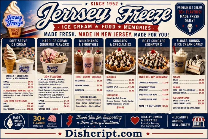 Jersey Freeze Soft Serve, Hard Ice Cream and Milkshakes Menu