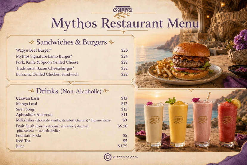 Mythos Sandwiches Burgers and Drinks Menu