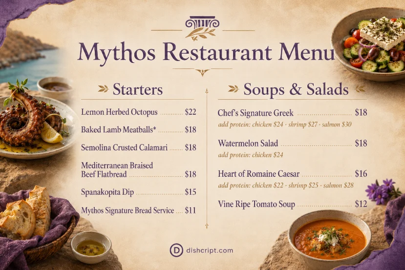 Mythos Starters Soups and Salads Menu