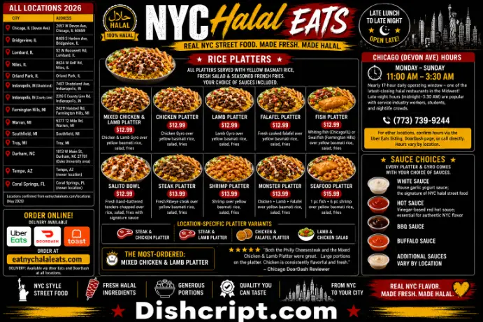 NYC Halal Eats Locations, Chicago Hours, Rice Platters and Sauces