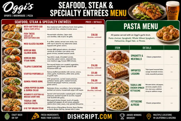 Oggi's Seafood, Steak & Pasta Menu.