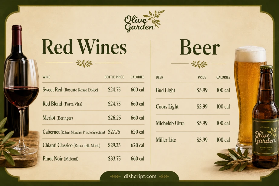 Olive Garden Red Wines and Beer Menu