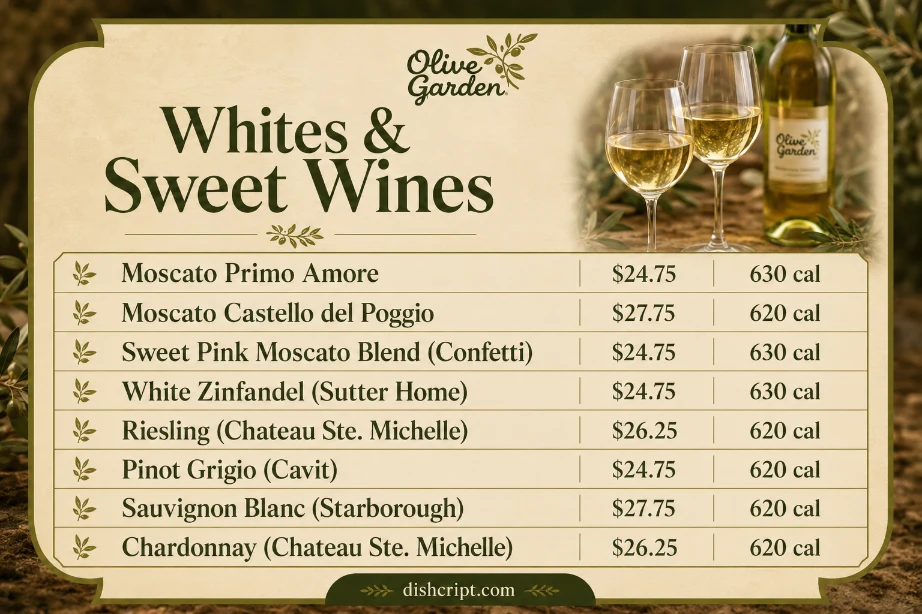 Olive Garden White and Sweet Wines Menu