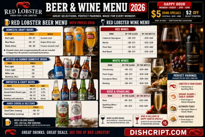 Red Lobster Beer & Wine Menu With Price