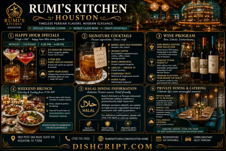 Rumi's Kitchen Houston Happy Hour, Cocktails, Wine, Brunch and Private Dining