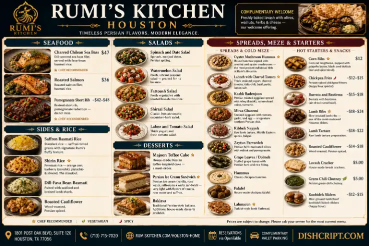 Rumi's Kitchen Houston Seafood, Sides, Salads and Desserts