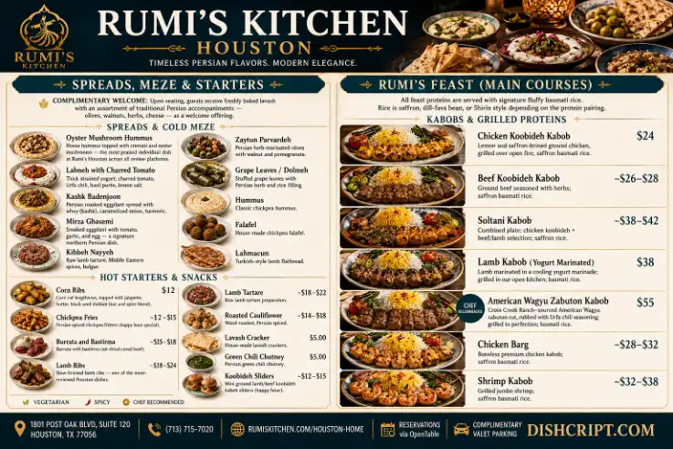Rumi's Kitchen Houston Spreads, Meze, Starters and Main Courses