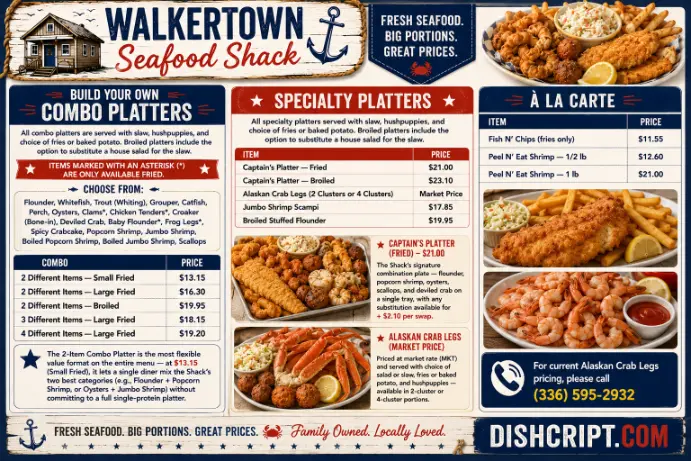Walkertown Seafood Shack Combo Platters, Specialty Platters & A La Carte Menu