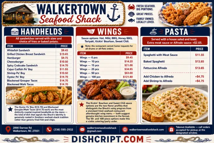 Walkertown Seafood Shack Handhelds, Wings & Pasta Menu