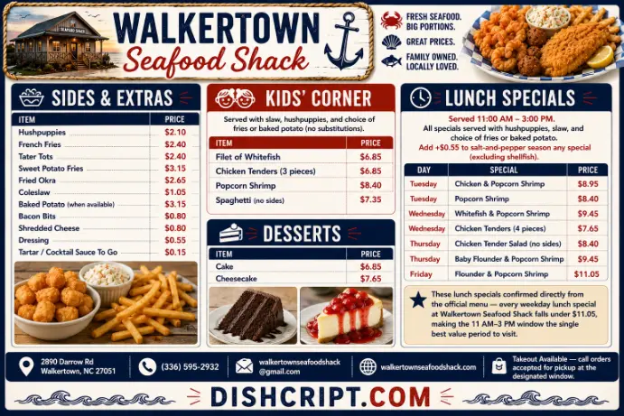 Walkertown Seafood Shack Sides, Kids, Desserts & Lunch Specials Menu