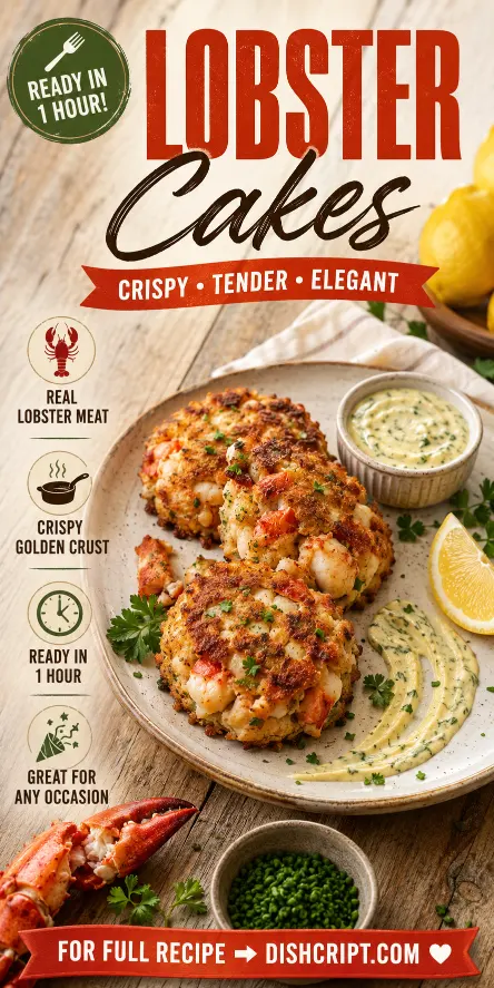 Step-by-step lobster cake guide showing chopped lobster, wet mixture, shaped patties, pan-frying, serving, and storage tips.