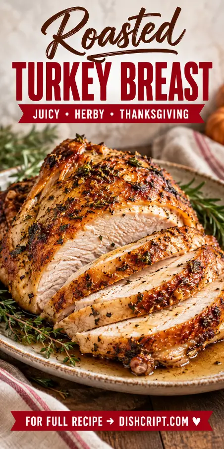 Step-by-step roasted turkey breast recipe showing herb butter seasoning, roasting, temperature checking, resting, slicing, and the finished Thanksgiving turkey