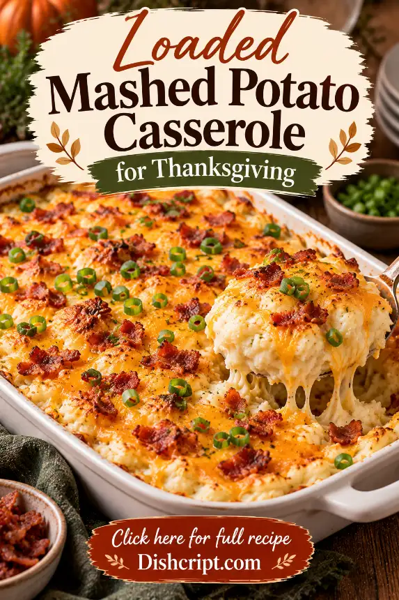 Step-by-step loaded mashed potato casserole recipe showing cooked potatoes, creamy mashed potato mixture, cheddar and bacon added, casserole assembly, baking, and the finished Thanksgiving side dish.